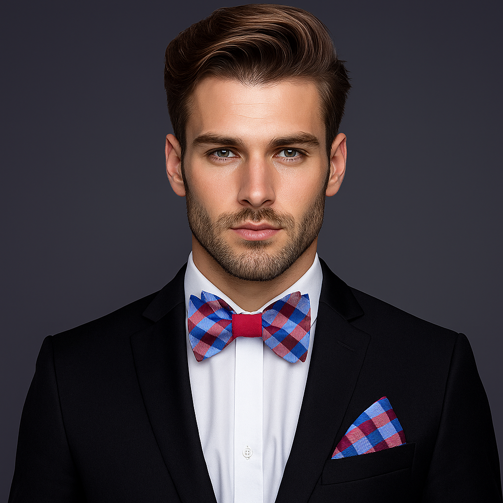 Man wearing a black suit with a red and blue checkered bow tie and pocket square on a dark background