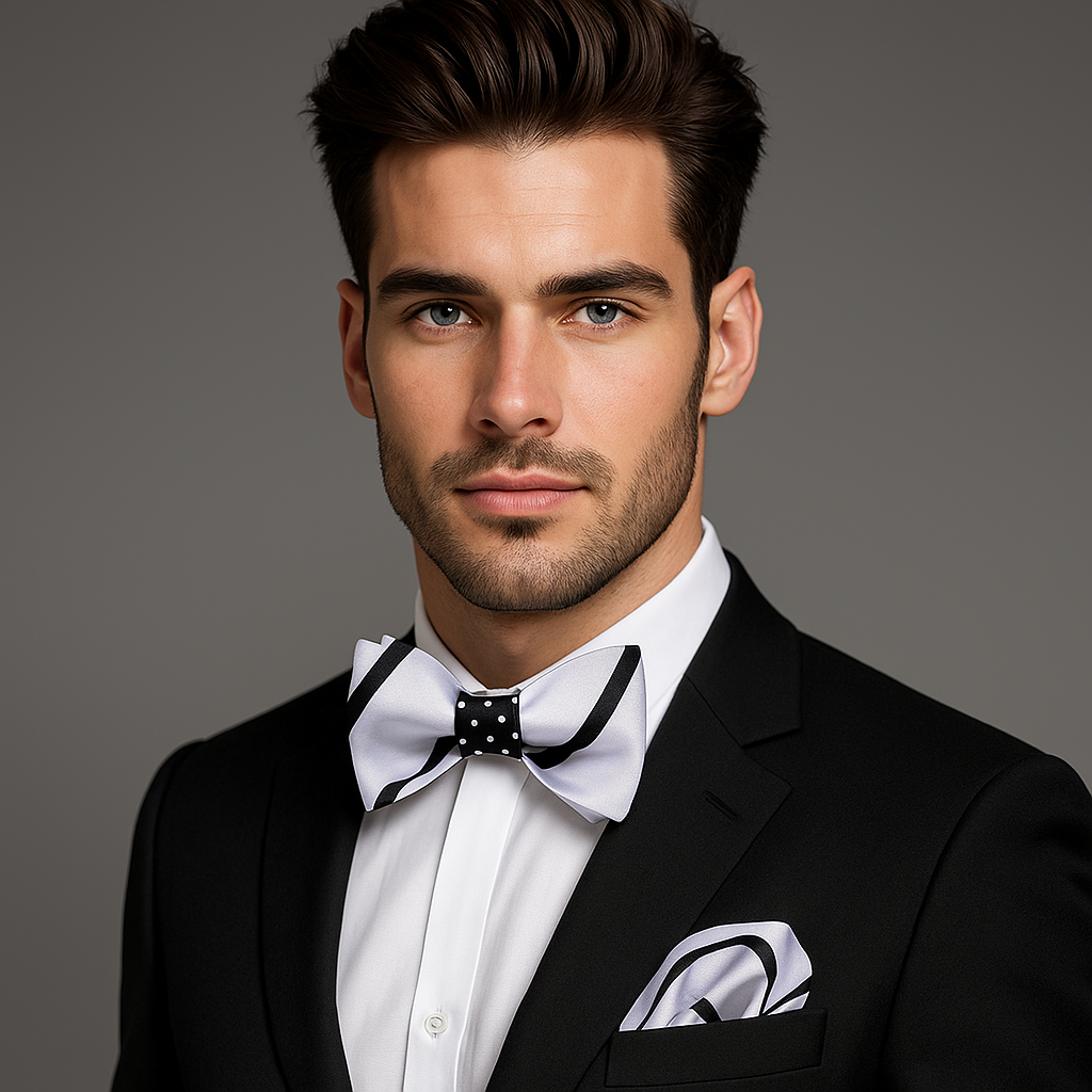 Man wearing a black suit with a white shirt and bow tie against a gray background