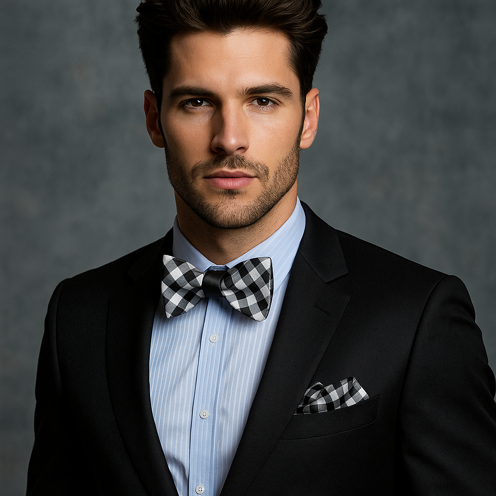 Man wearing a black suit with a checkered bow tie and pocket square against a gray background