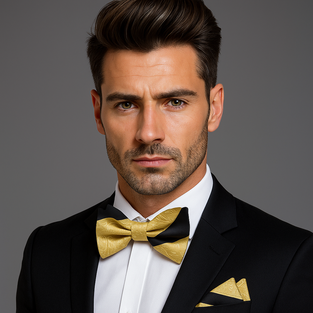 Man wearing a black suit with a gold bow tie against a gray background