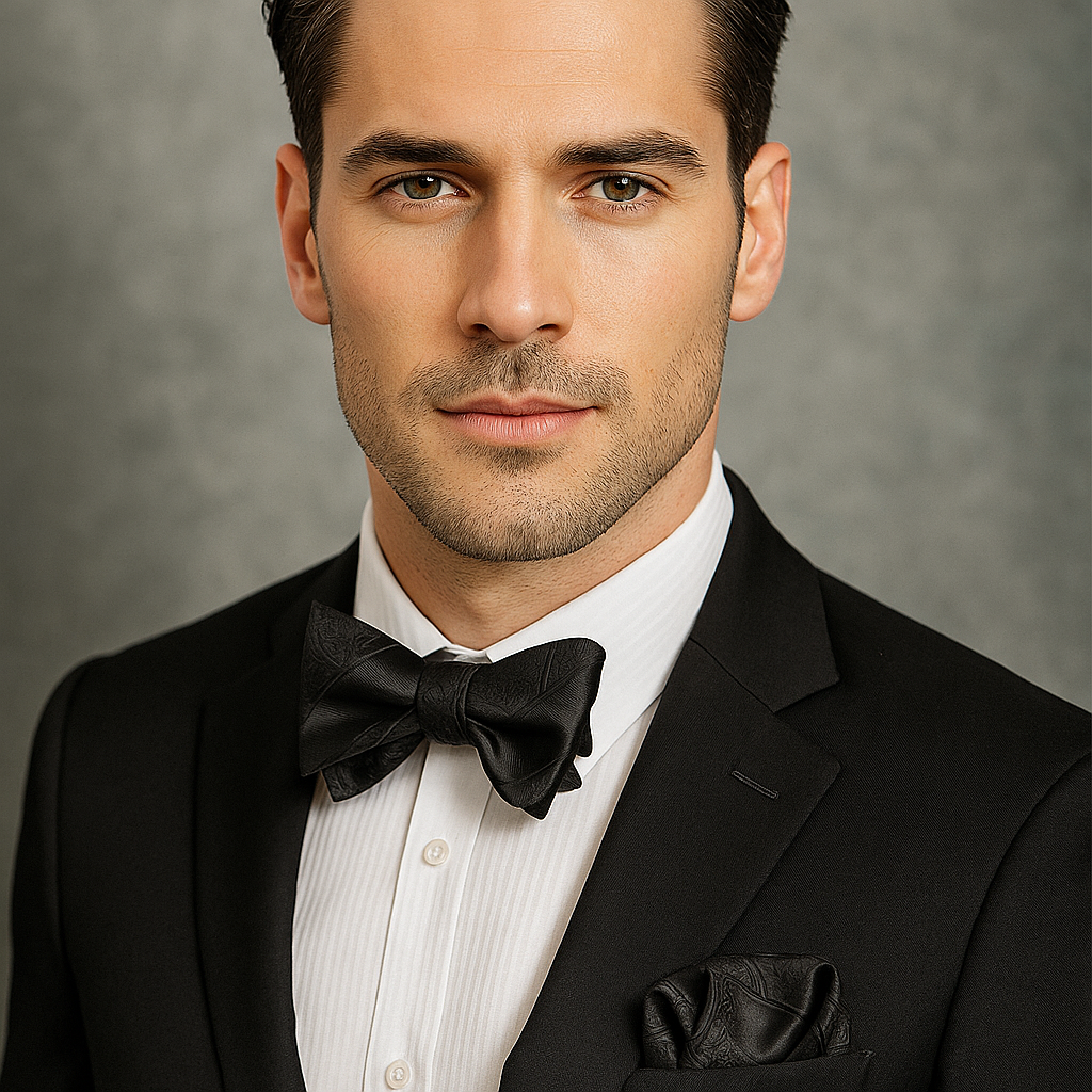 Man wearing a black tuxedo with a bow tie against a gray background