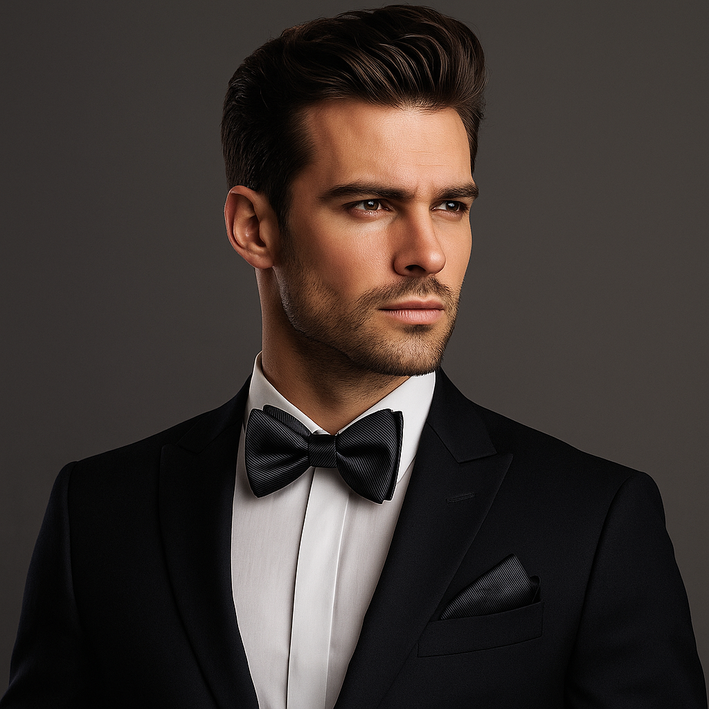 Man wearing a black tuxedo with a bow tie against a dark background