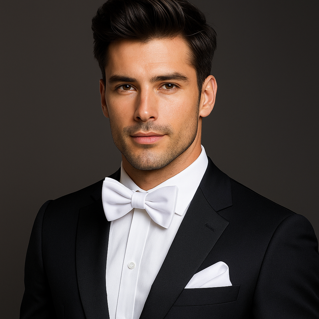 Man wearing a black tuxedo with a white bow tie and pocket square on a dark background