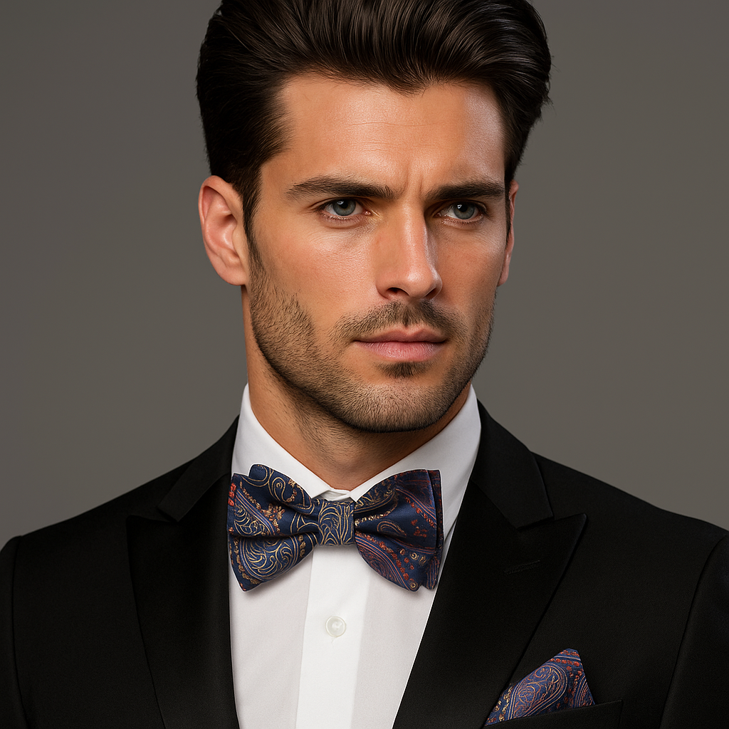 Man wearing a black suit with a patterned blue, red and gold paisley bow tie against a gray background