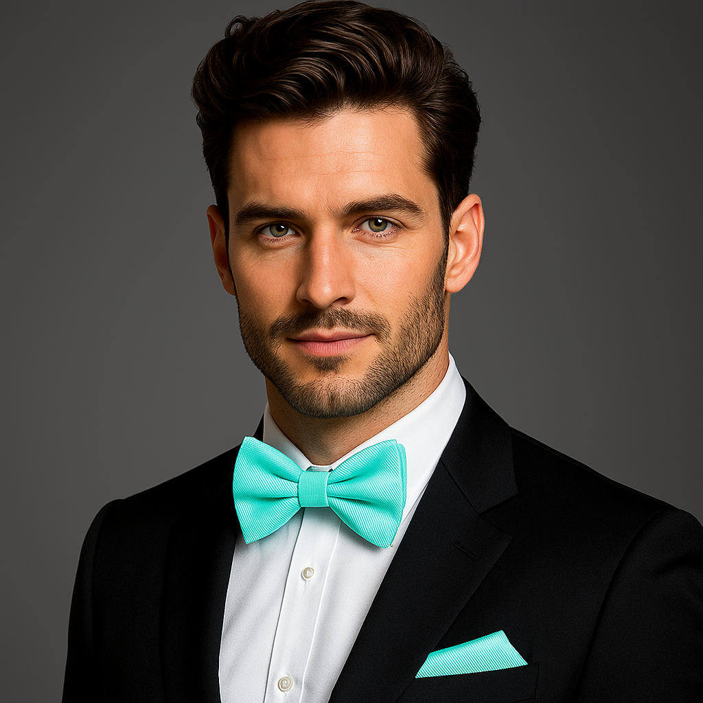Man wearing a black suit with a white shirt and turquoise bow tie on a gray background