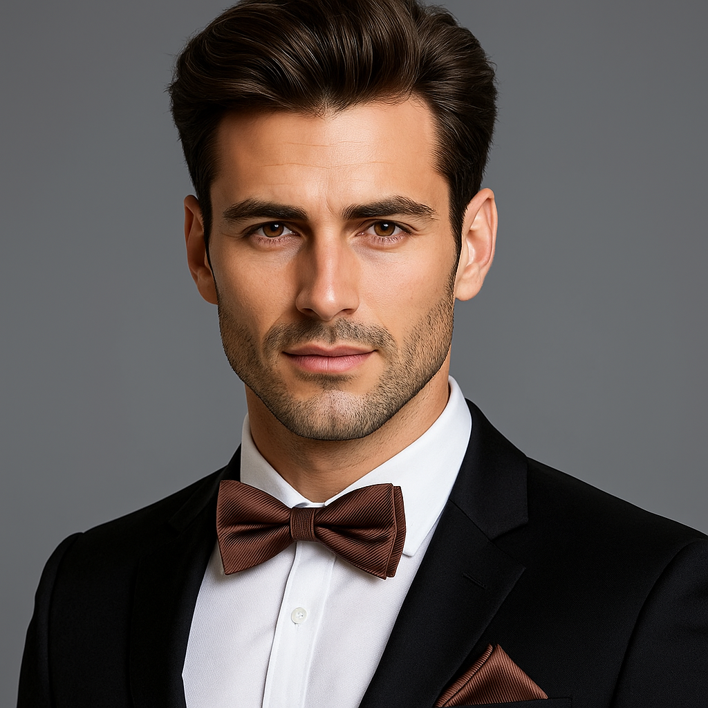 Man wearing a black suit with a brown bow tie against a gray background