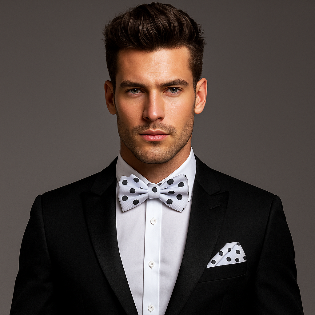 Man wearing a black tuxedo with a white shirt and light grey and black polka dot bow tie and pocket square on a gray background