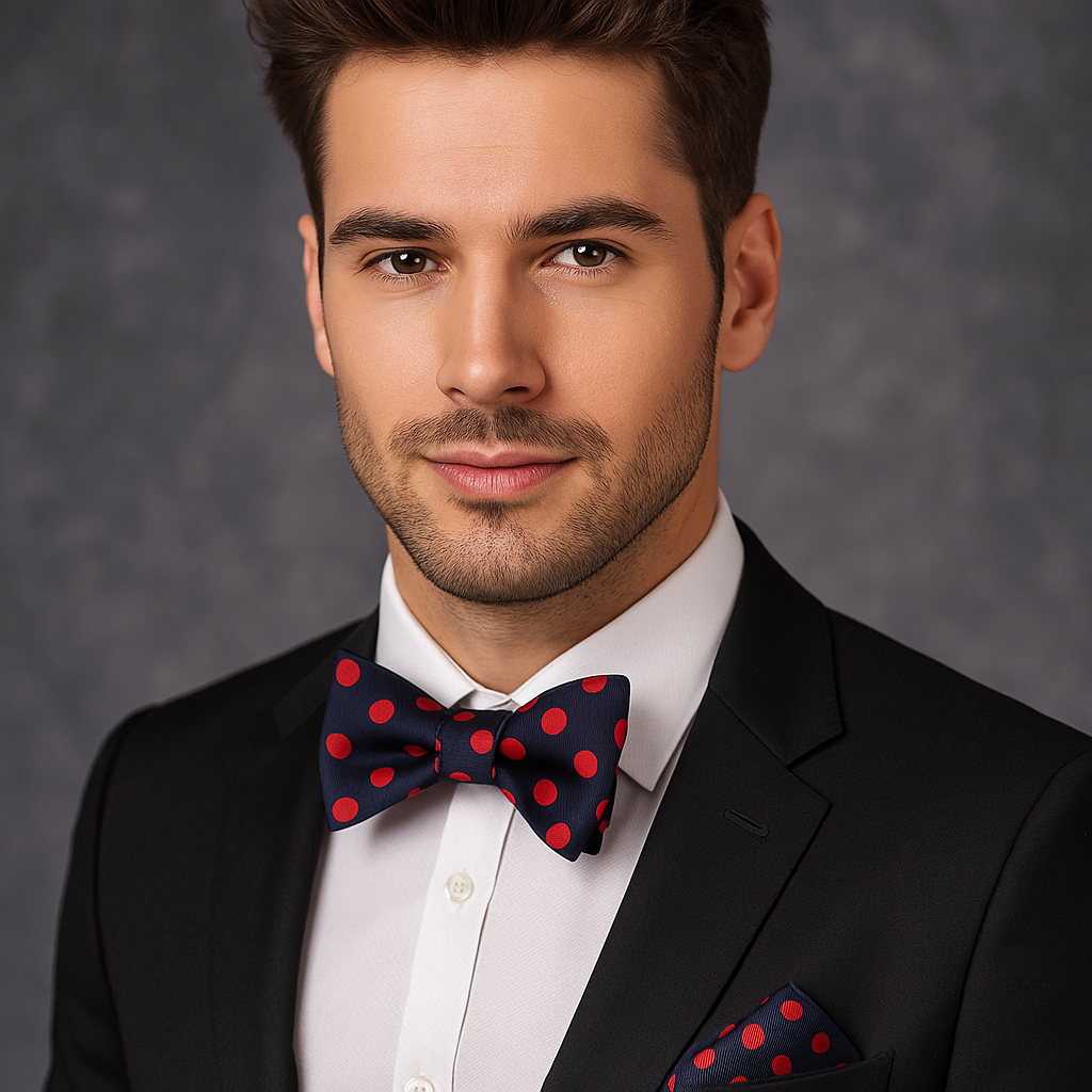 Man wearing a black suit with a red polka dot bow tie against a gray background