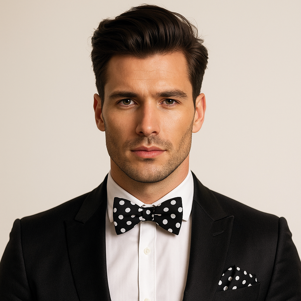 Man wearing a black suit with a white shirt and polka dot bow tie on a beige background
