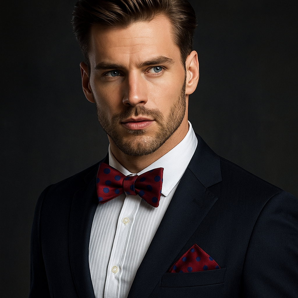 Man wearing a dark suit with a red polka dot bow tie and pocket square against a black background