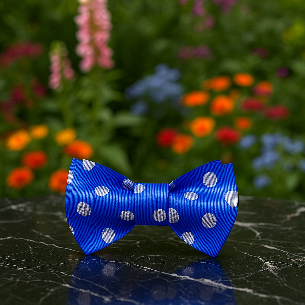 Blue polka dot bow tie on a dark surface with a colorful floral background