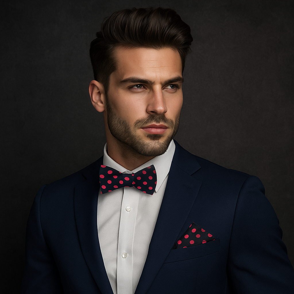 Man wearing a navy suit with a white shirt and red polka dot bow tie and pocket square against a dark background