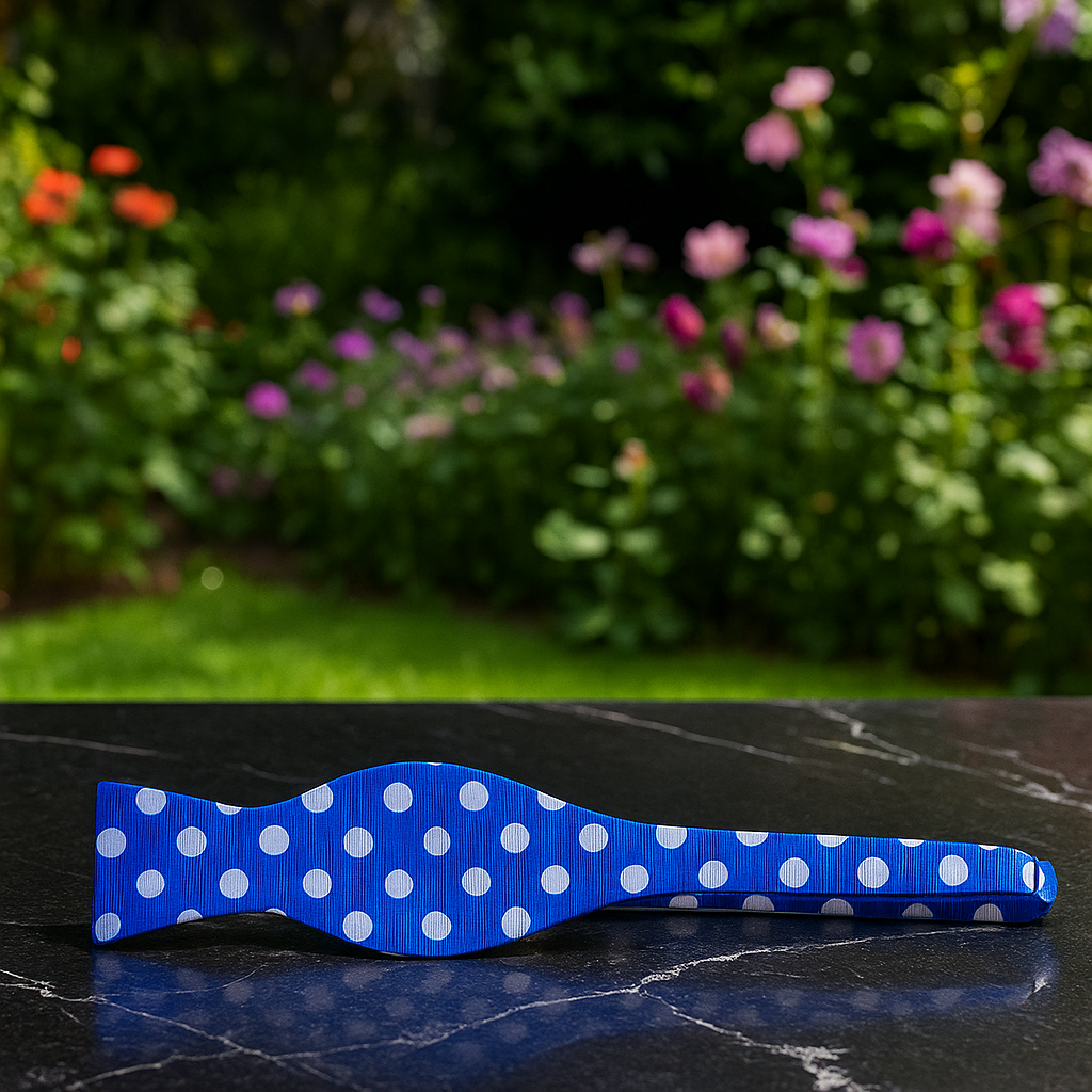 Blue bow tie with grey polka dots on a dark surface with a garden background