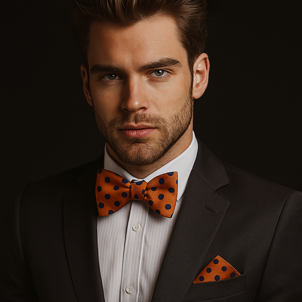 Man wearing a black suit with an orange polka dot bow tie and pocket square against a dark background