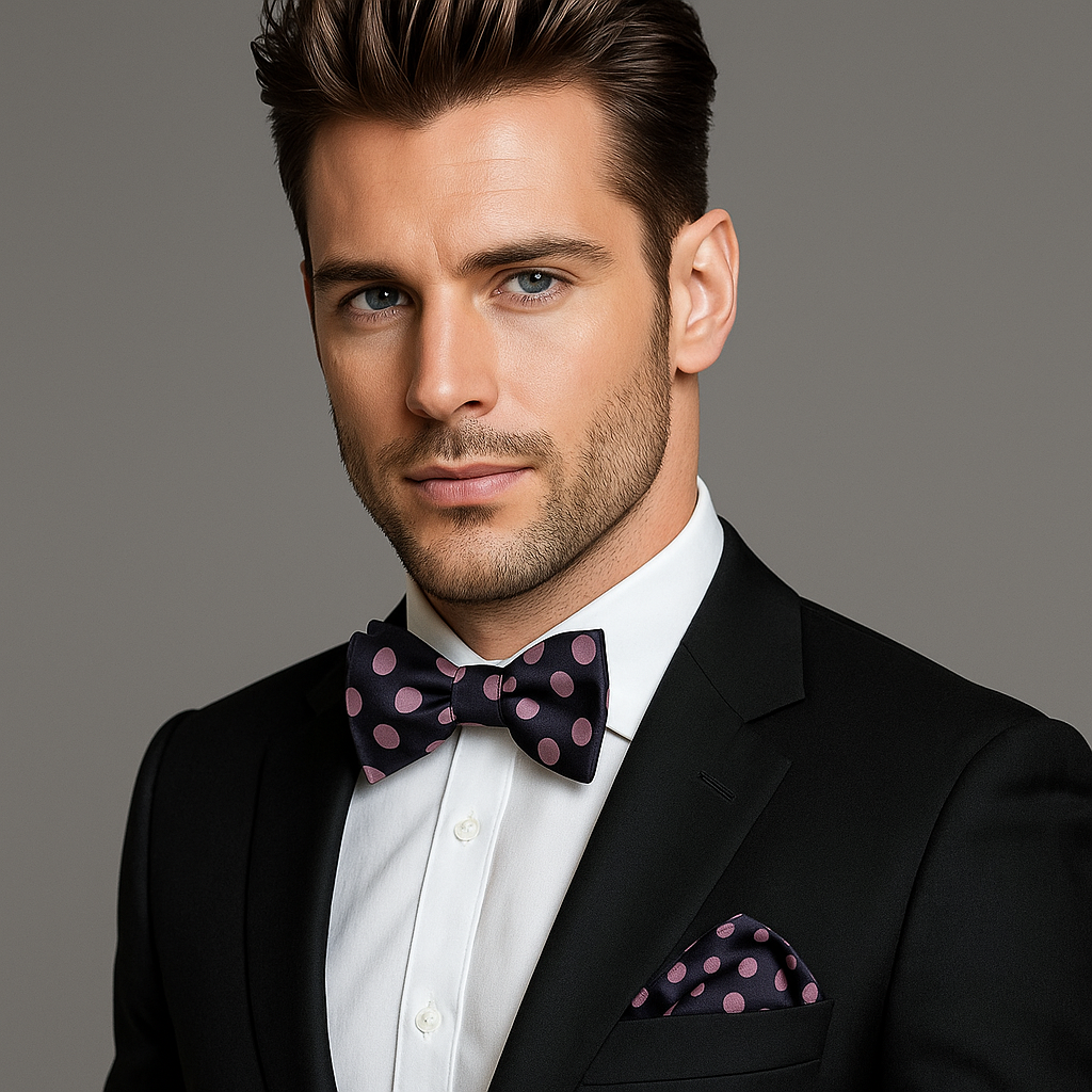 Man wearing black suit with blue and pink polka dot bow tie and square