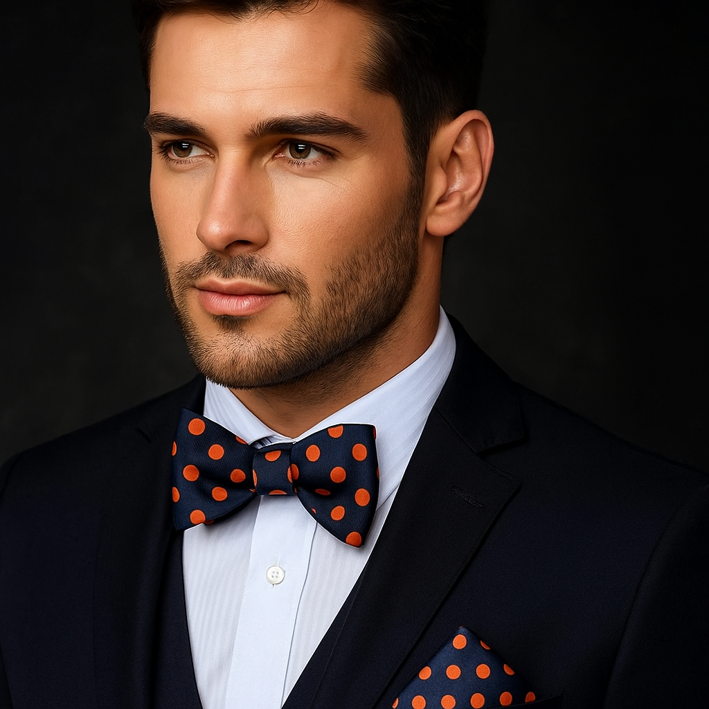 Man wearing a black suit with a blue bow tie featuring orange polka dots on a dark background
