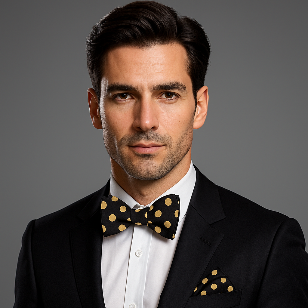 Man wearing suit with black and yellow polka dot bow tie and square