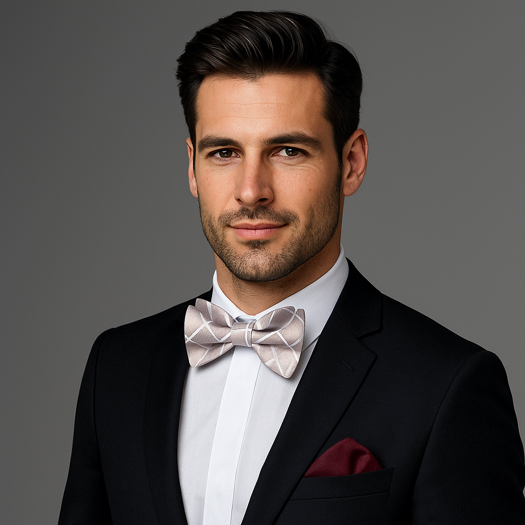 Man wearing a black suit with a patterned bow tie and red pocket square on a gray background