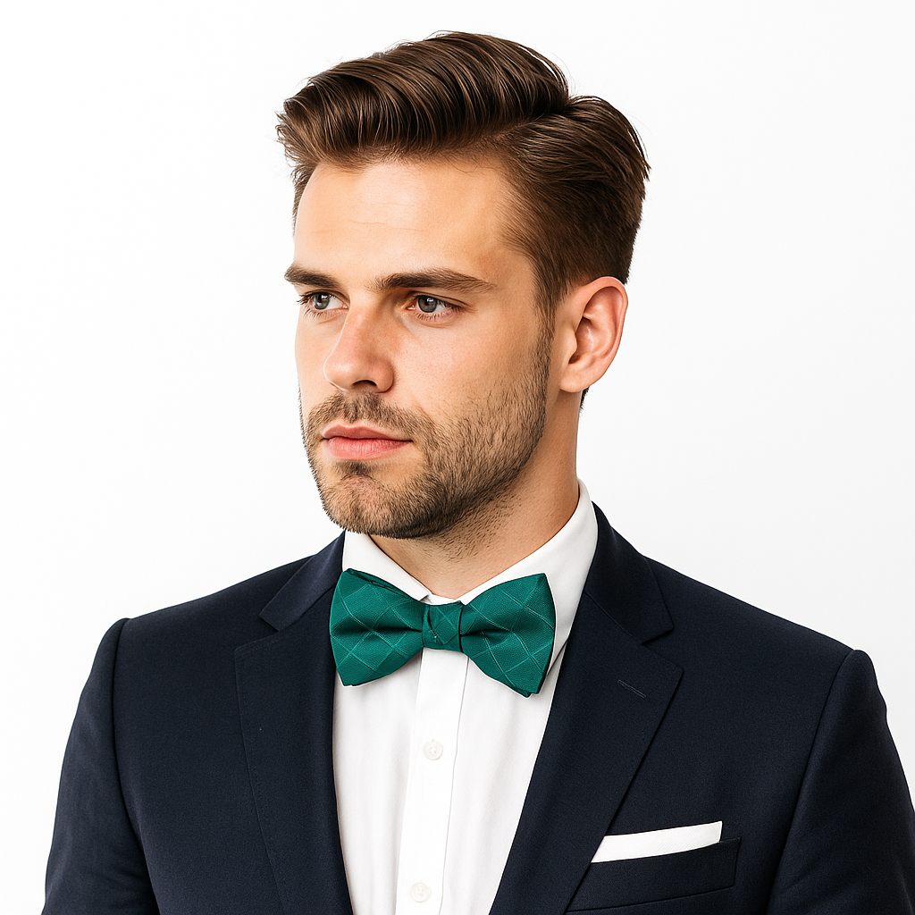 Man wearing a dark suit with a white shirt and green bow tie on a white background