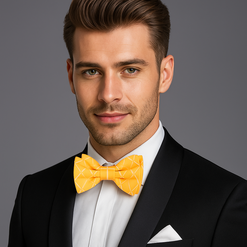Man wearing a black tuxedo with a yellow bow tie on a gray background