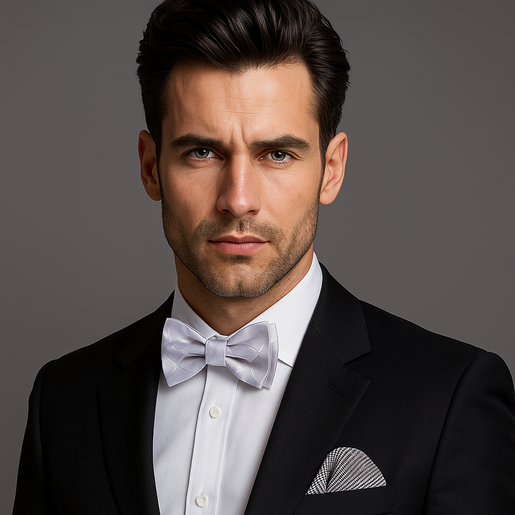 Man wearing a black suit with a white shirt and gray bow tie on a gray background