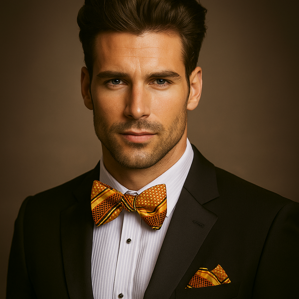 Man wearing a black suit with a orange bow tie and pocket square against a brown background