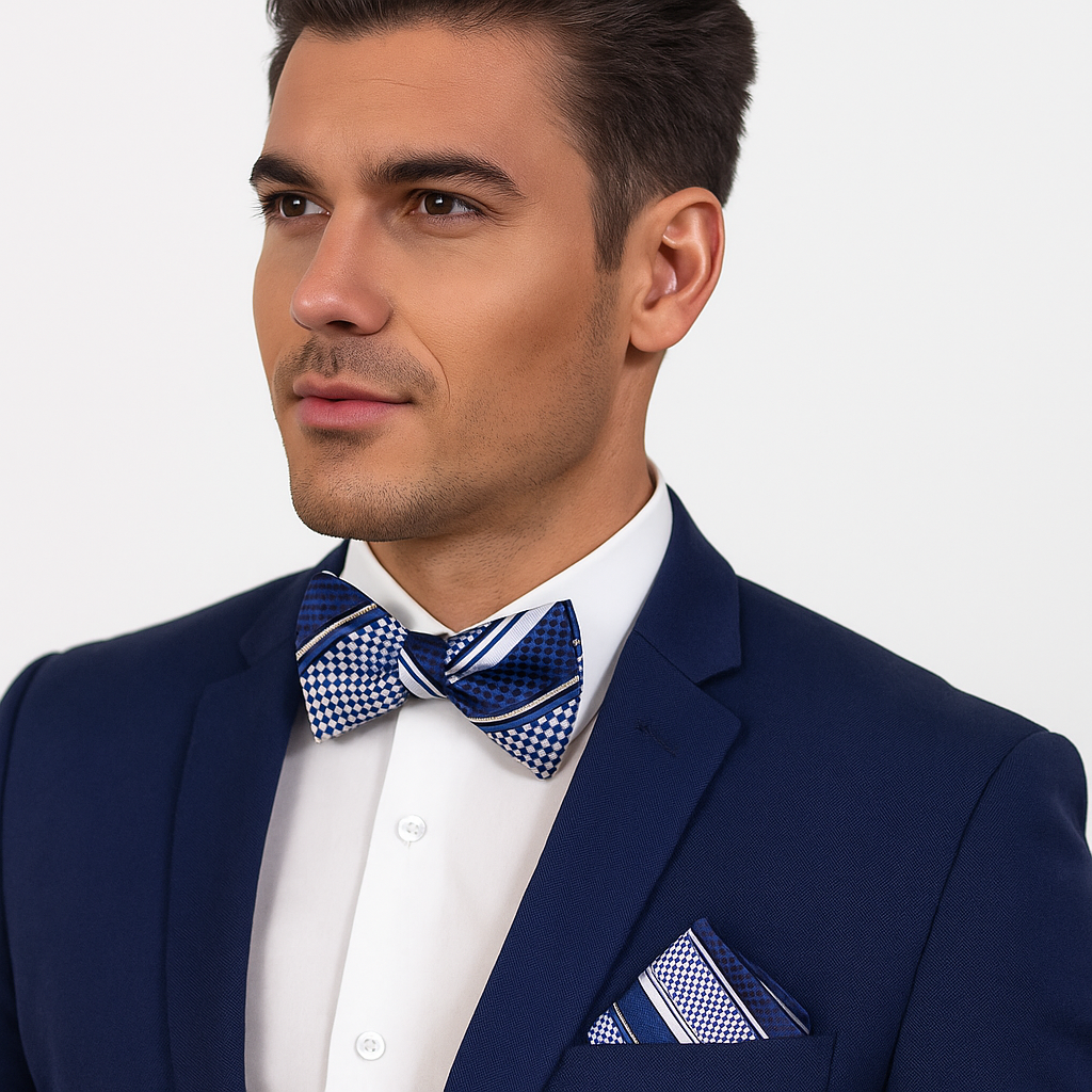 Man wearing a blue suit with a checkered bow tie and pocket square on a light gray background