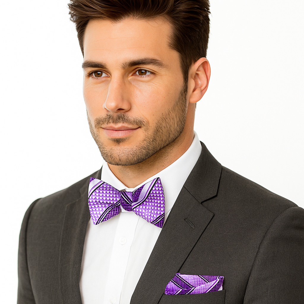 Man wearing a gray suit with a purple patterned bow tie and pocket square on a white background