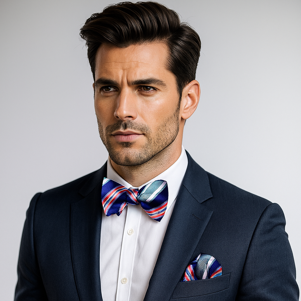 Man wearing a navy suit with a colorful blue and orange stripe bow tie and pocket square on a gray background