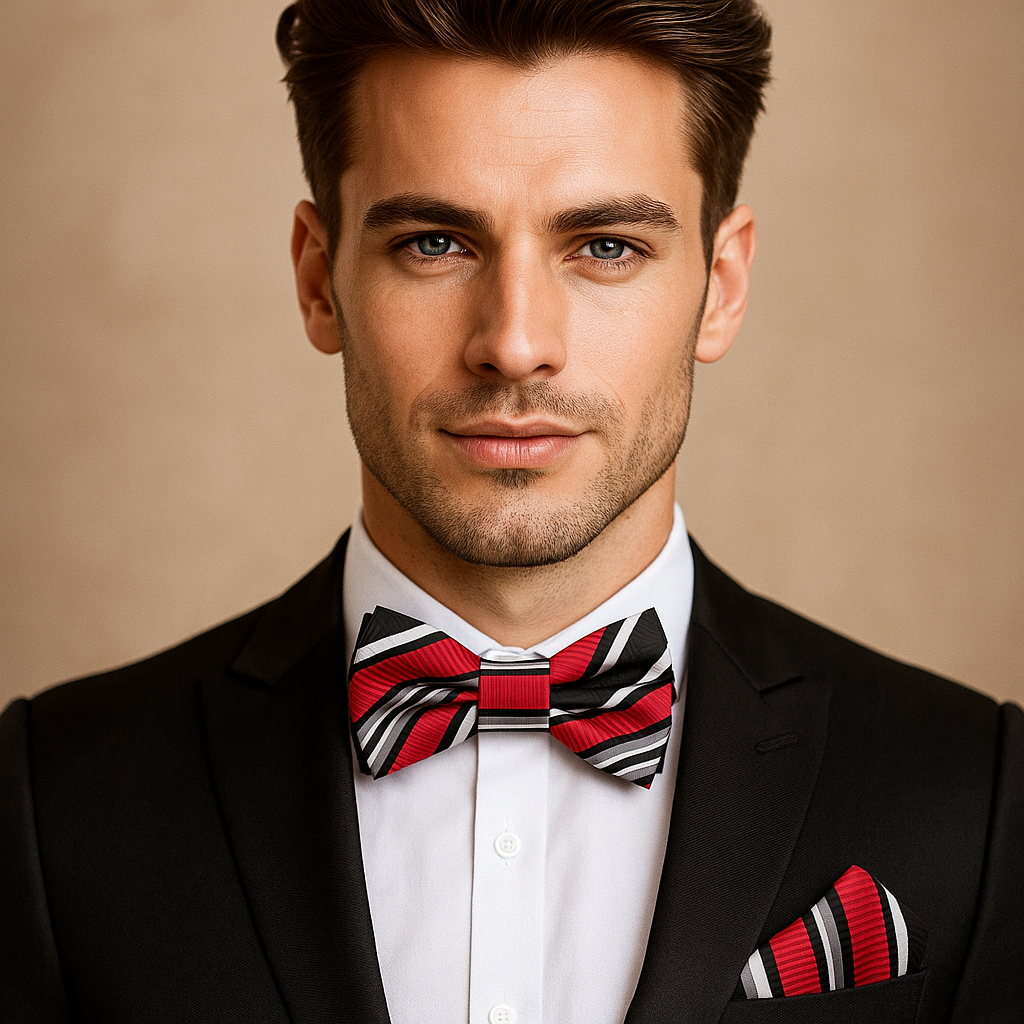 Man wearing a black suit with a red and white striped bow tie and pocket square against a beige background