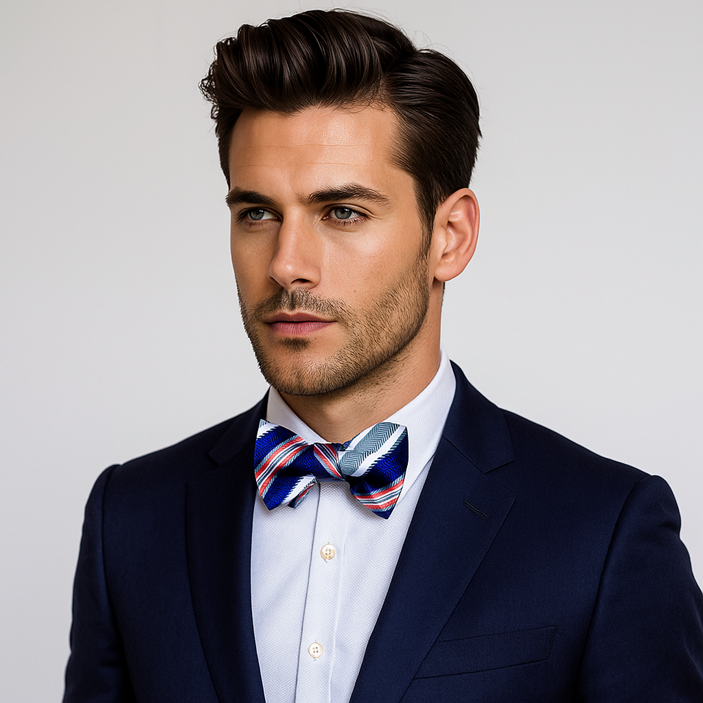 Man wearing a navy suit with a colorful blue and orange stripe bow tie against a gray background