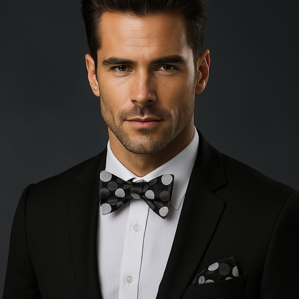 Man wearing a black tuxedo with a Black, Silver Big Polka Bow Tie and Pocket Square
