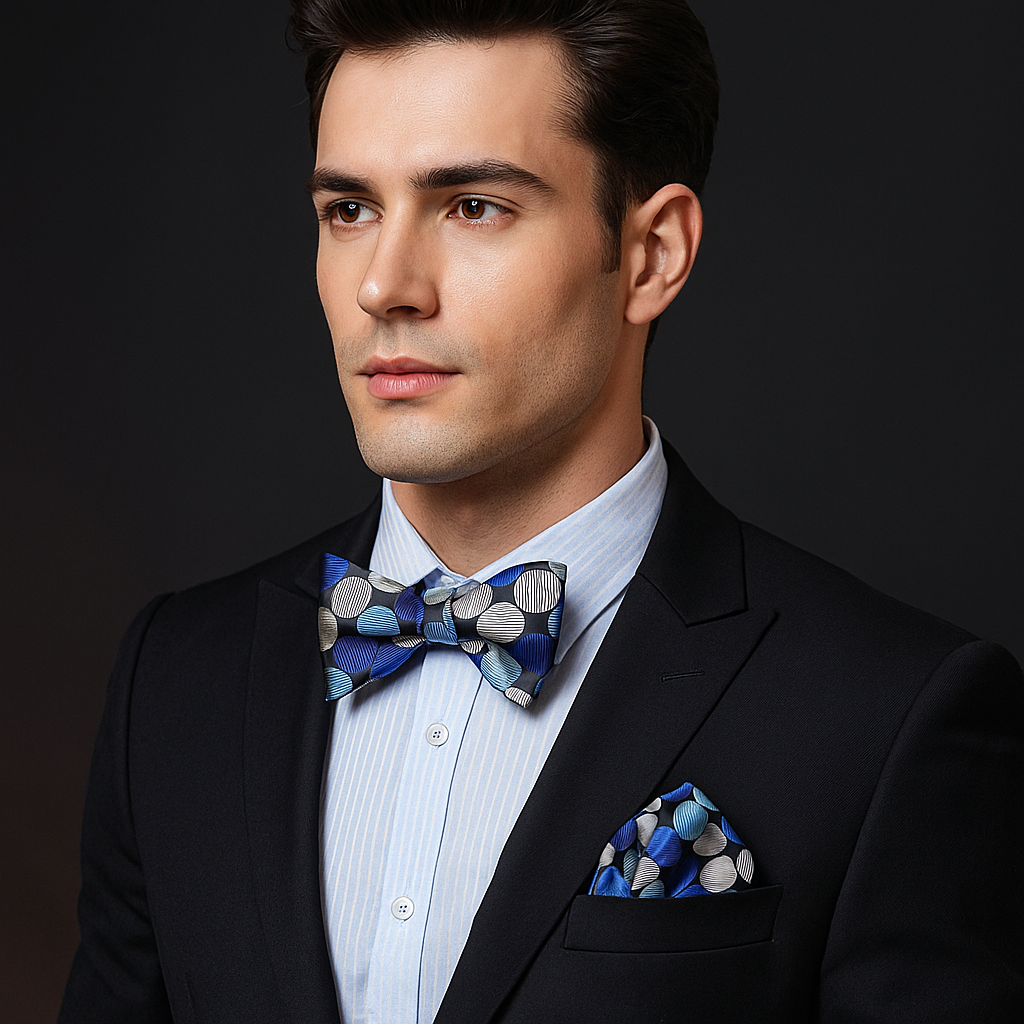 Man wearing a black suit with a blue patterned polka dotvbow tie and pocket square on a dark background