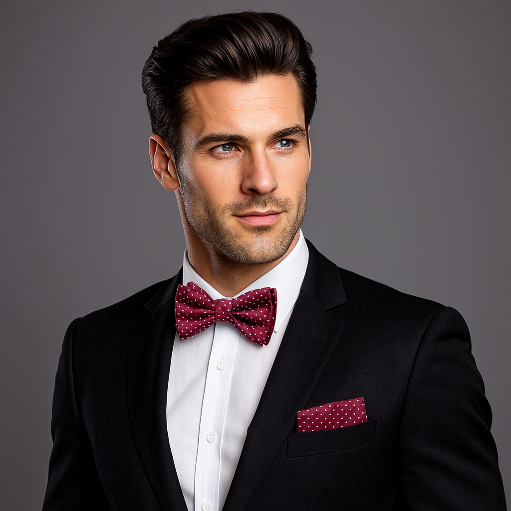 Man wearing a black suit with a burgundy and white polka dot bow tie and pocket square on a gray background