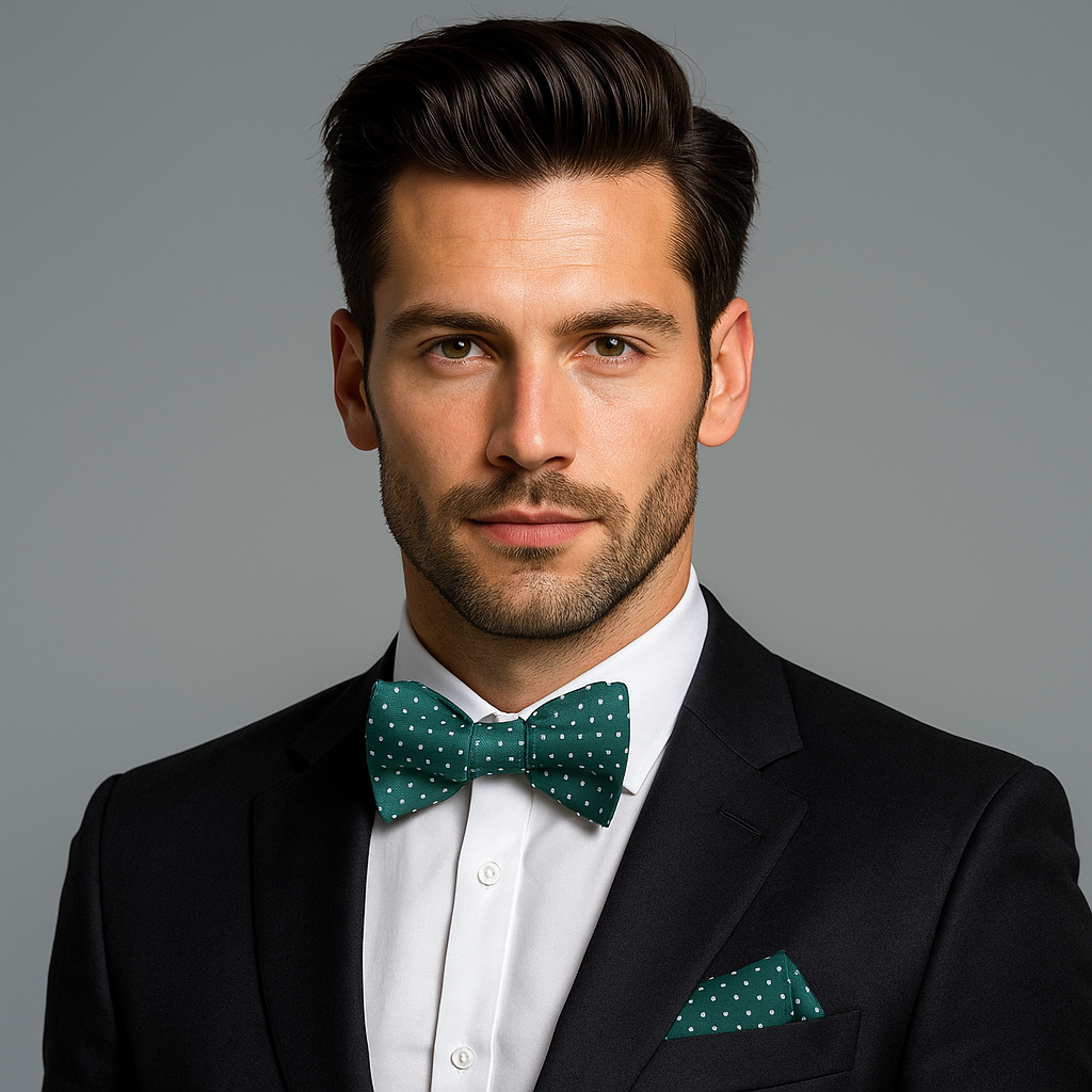 Man wearing a black suit with a green polka dot bow tie and pocket square on a gray background