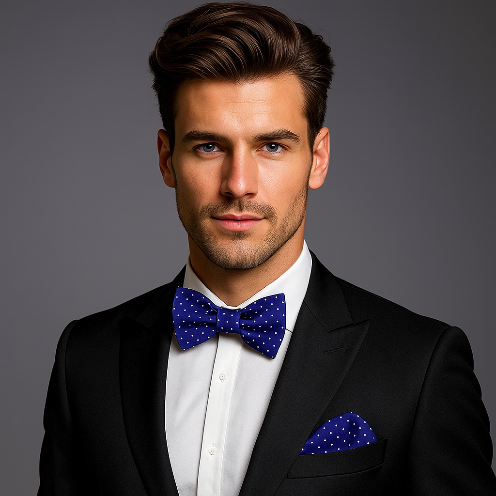 Man wearing a black suit with a blue polka dot bow tie and pocket square on a gray background