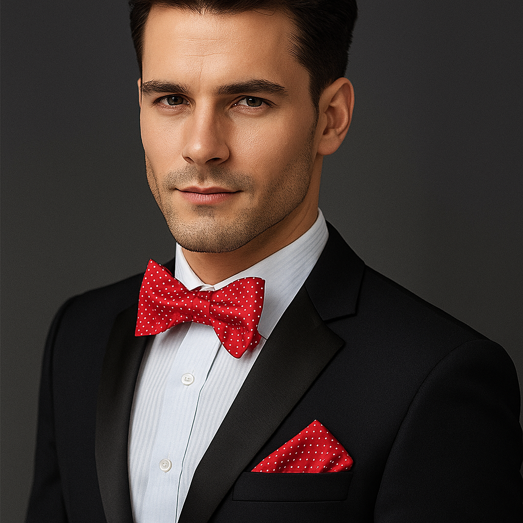 Man wearing a black suit with a red polka dot bow tie and pocket square on a dark background