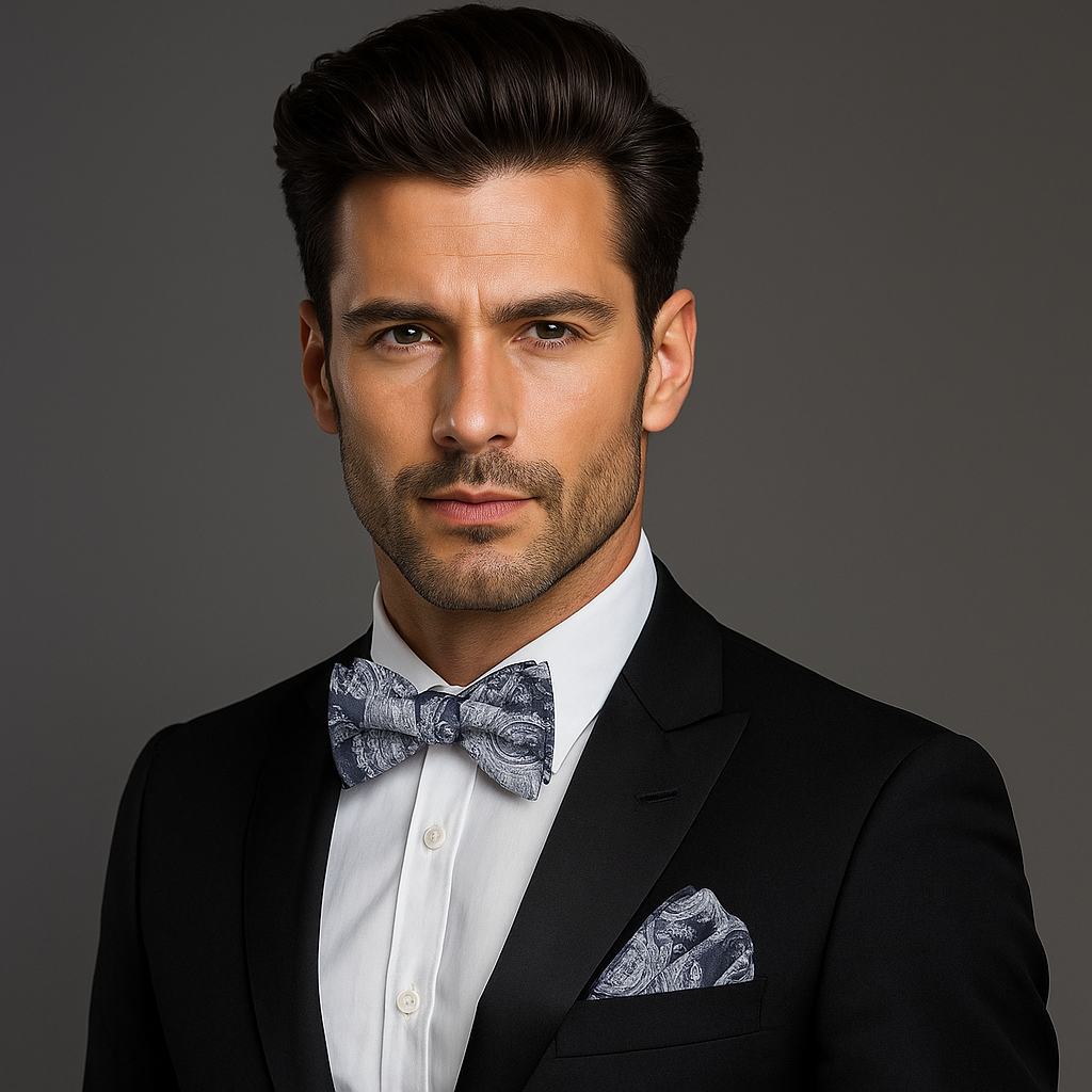 Man wearing a black suit with a white shirt and a grey paisley patterned bow tie and pocket square on a gray background