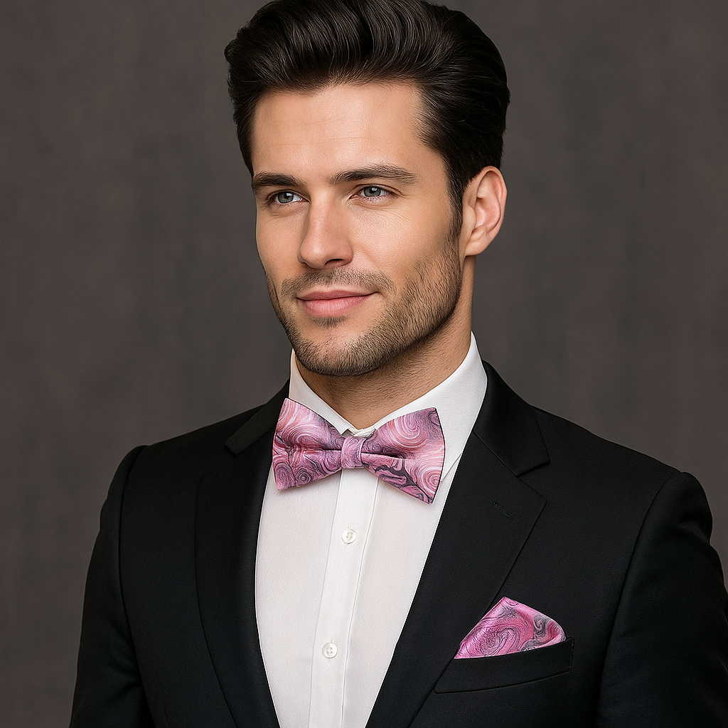 Man wearing a black suit with a pink paisley bow tie and pocket square against a gray background