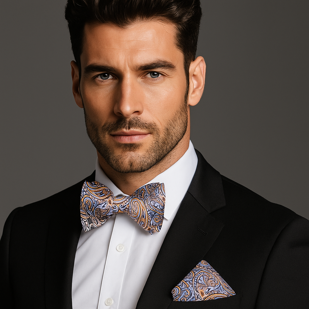 Man wearing a black suit with a patterned beige and grey paisley bow tie and pocket square on a gray background