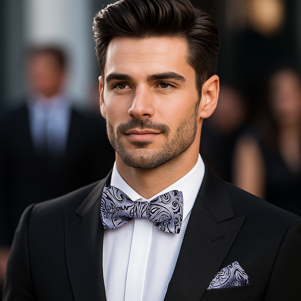 Man wearing a black suit with a patterned grey and black paisley bow tie and pocket square, standing against a blurred background.