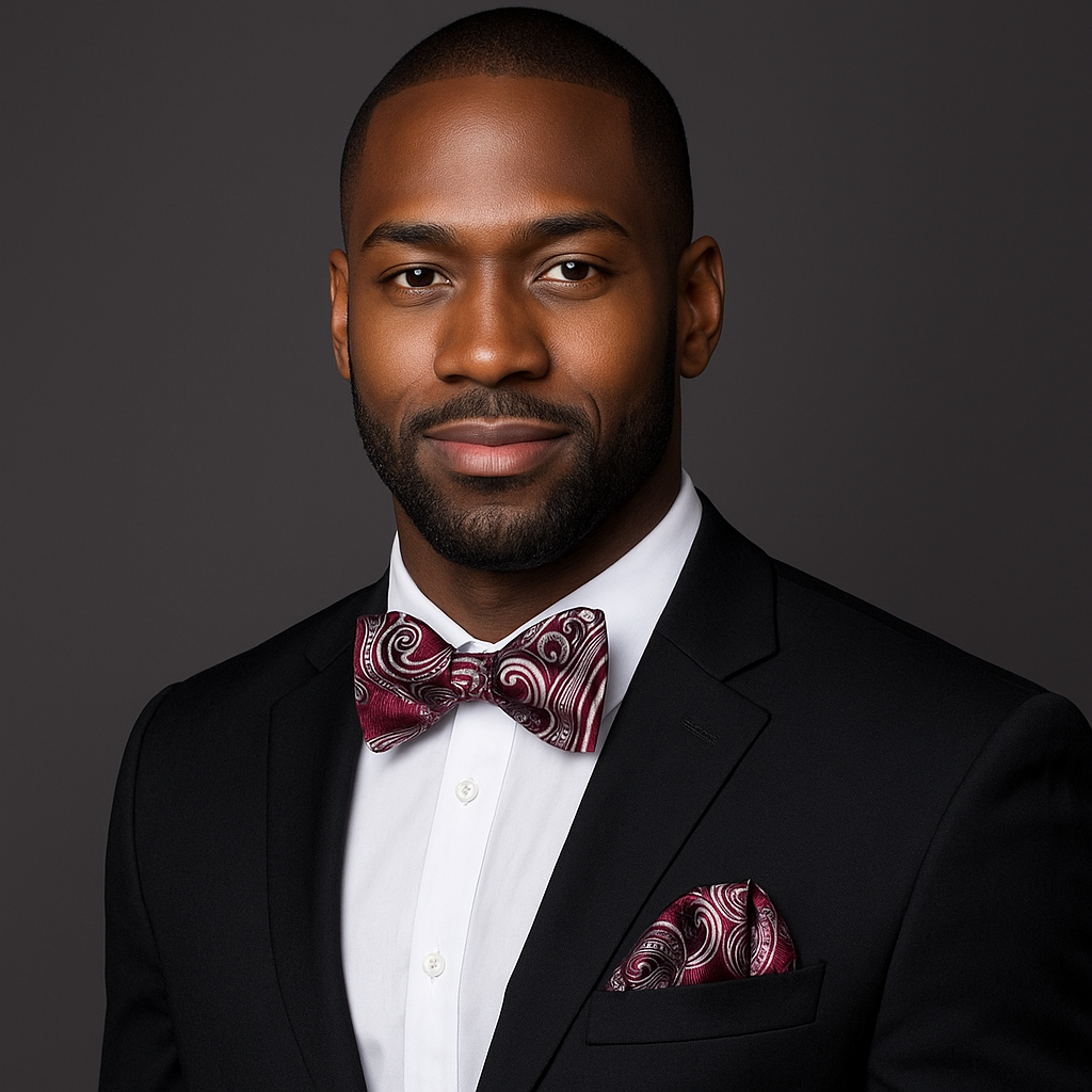 Man wearing a black suit with a patterned burgundy and black paisley bow tie and pocket square on a dark background