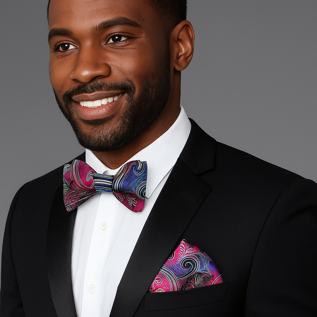 Man wearing a black suit with a colorful red, blue and green paisley bow tie and pocket square on a gray background
