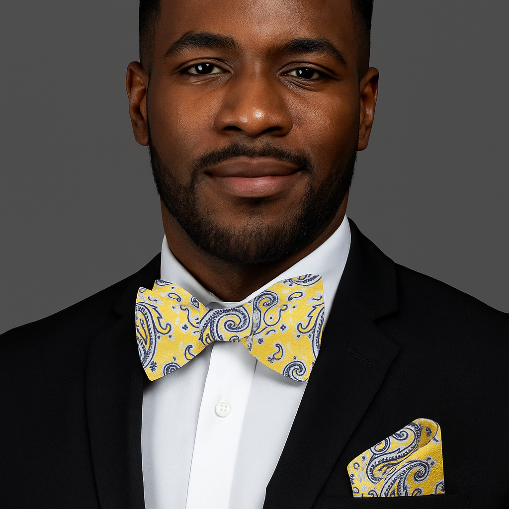 Man wearing a black suit with a yellow paisley bow tie and pocket square on a gray background
