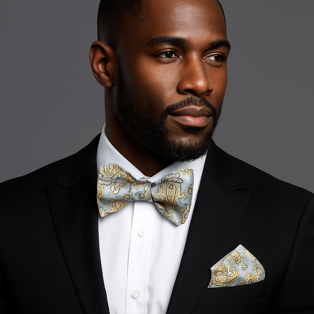 Man wearing a black suit with a patterned light blue paisley bow tie and pocket square on a gray background