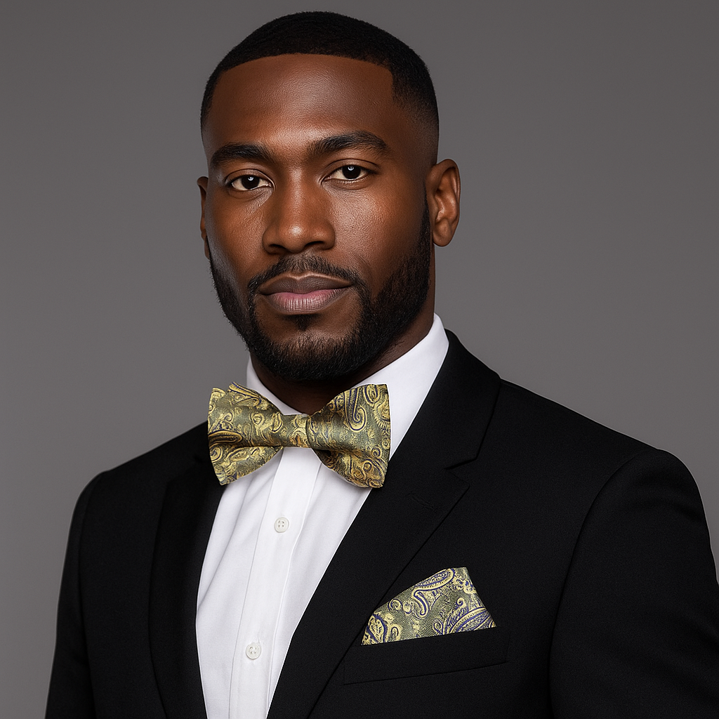 Man wearing a black suit with a gold bow tie and pocket square on a gray background