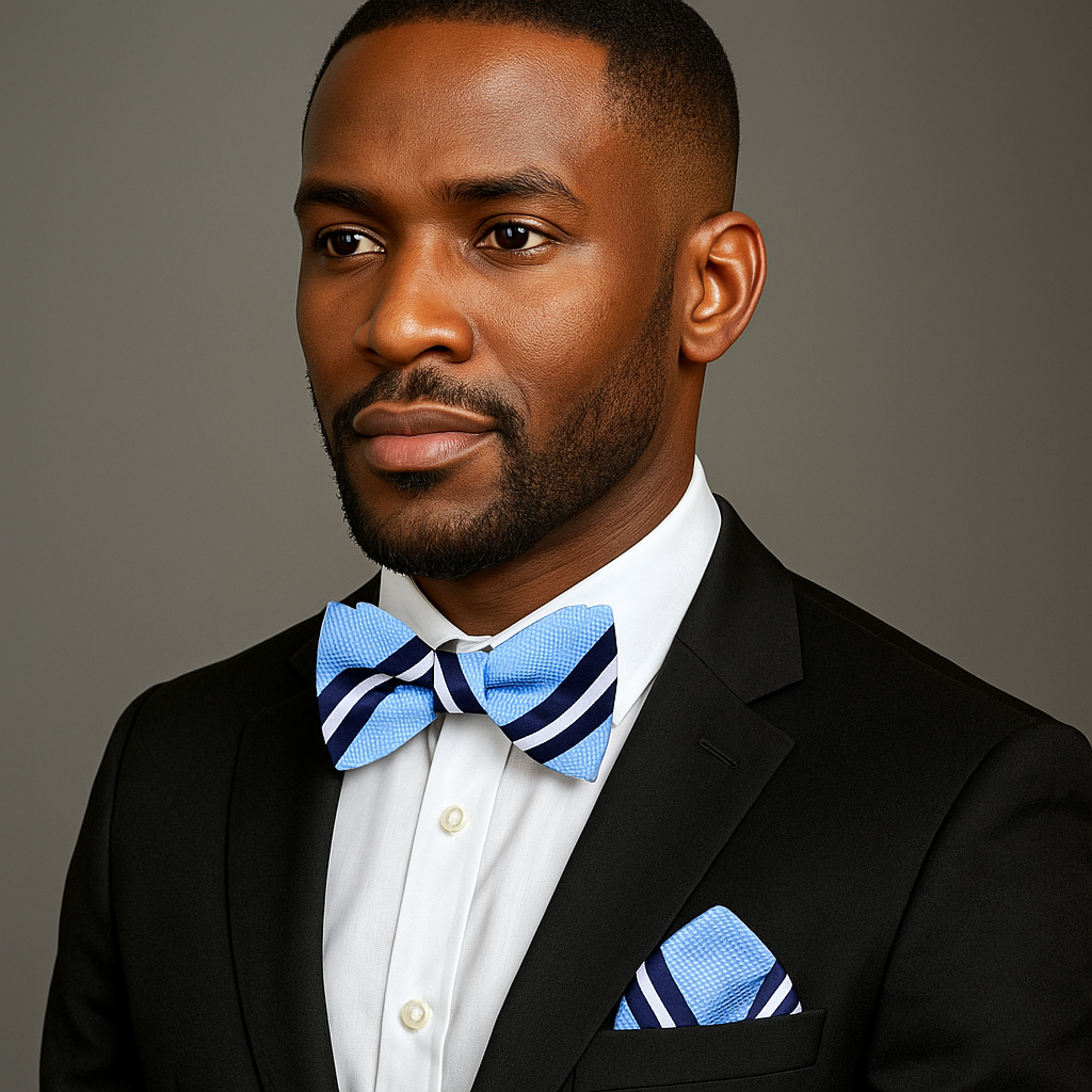 Man wearing a black suit with a blue stripe bow tie and pocket square on a gray background
