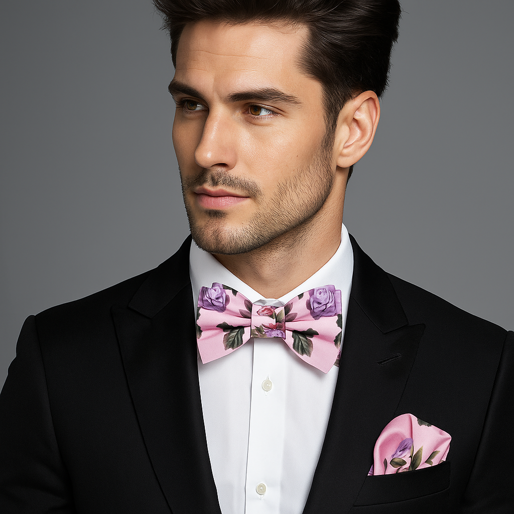 Pink Floral Bow Tie and Square on Man Wearing Suit