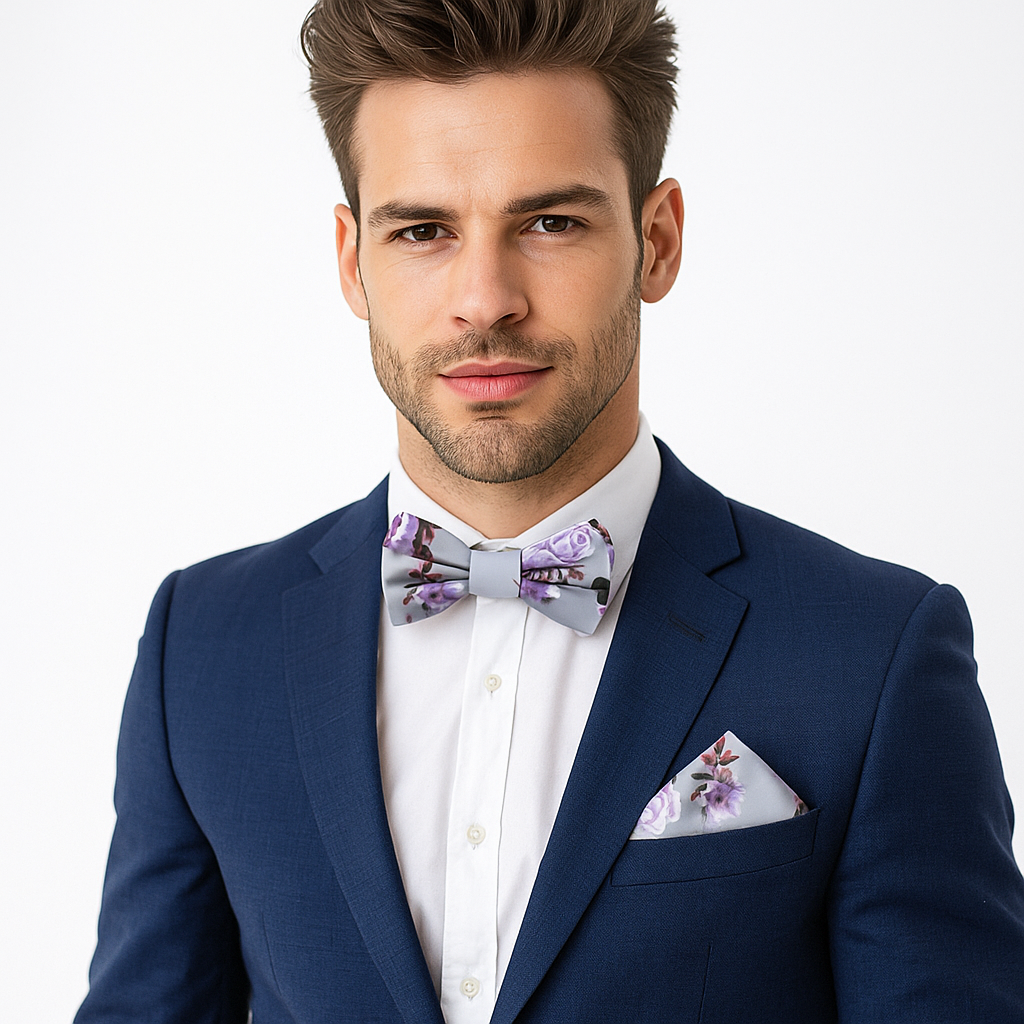 Grey, Purple and Pink Roses Bow Tie and Square on Man Wearing Blue Suit