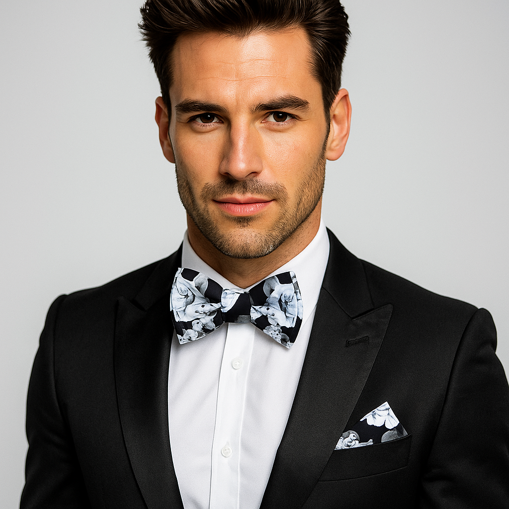 Man wearing a black tuxedo with a black and grey floral bow tie and pocket square on a gray background